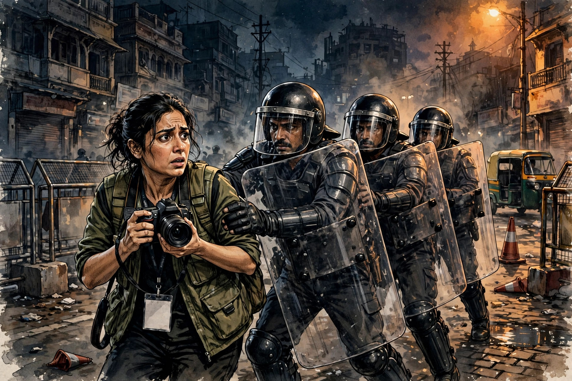 இரவு நேரப் போராட்டத்தில் கேமரா ஏந்திய பெண் பத்திரிகையாளரைக் கலவரக் காவலர் தள்ளும் காட்சி — விளக்கப்படம்
