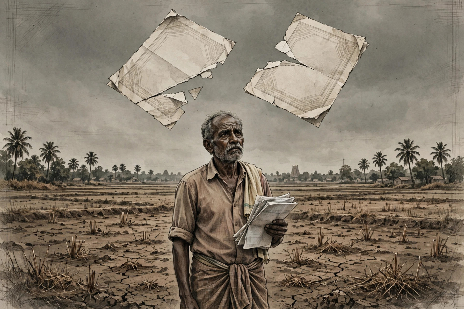 வறண்ட வயலில் கடன் ஆவணங்களை ஏந்திய விவசாயி; மேலே கிழிந்த அரசு வாக்குறுதி ஆவணம் — விளக்கப்படம்