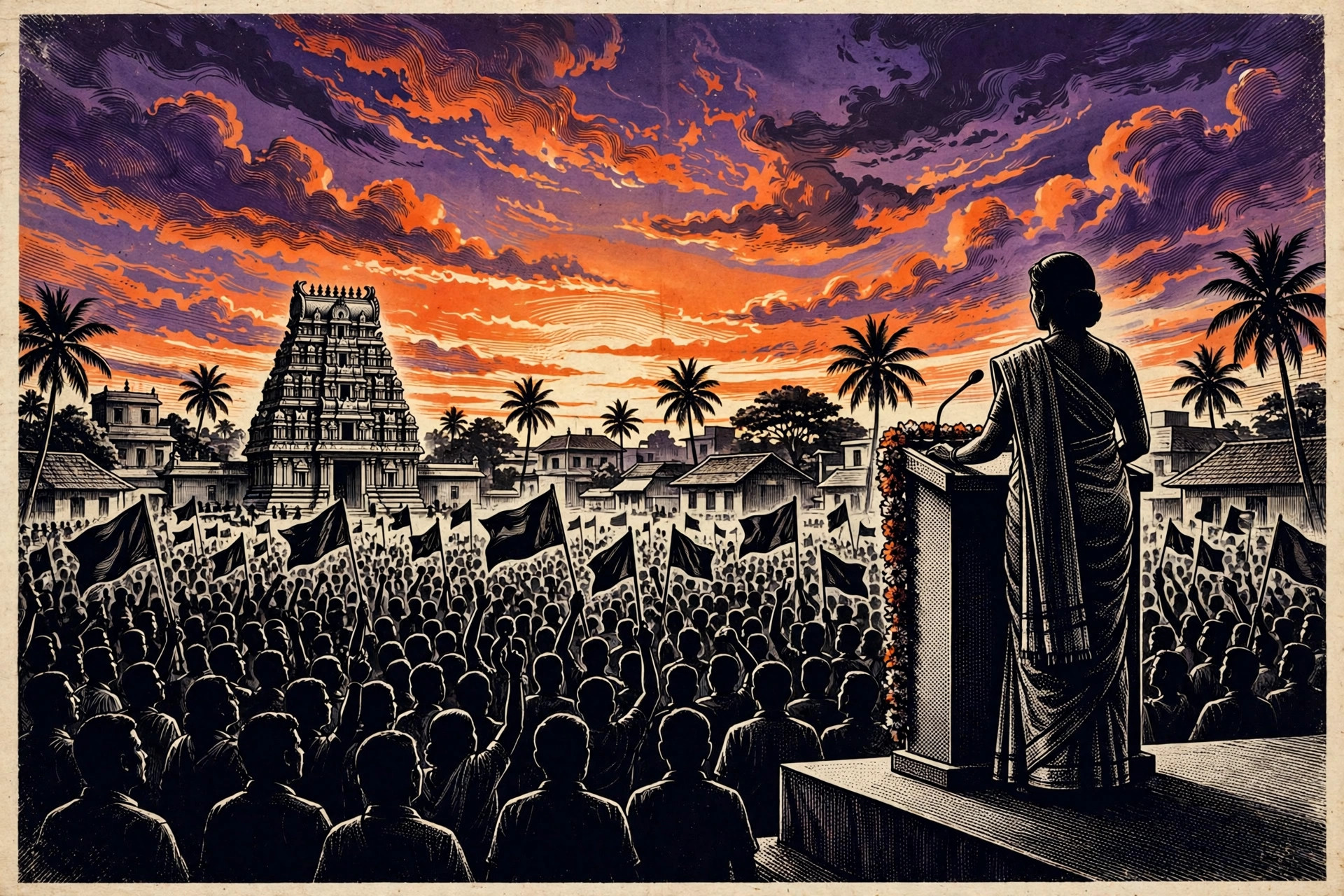 அந்தி வானத்தில் பிரசார மேடையில் உறுதியாக நிற்கும் பெண் வேட்பாளரின் நிழல் உருவம்; கொடிகளுடன் கூட்டம் — விளக்கப்படம்