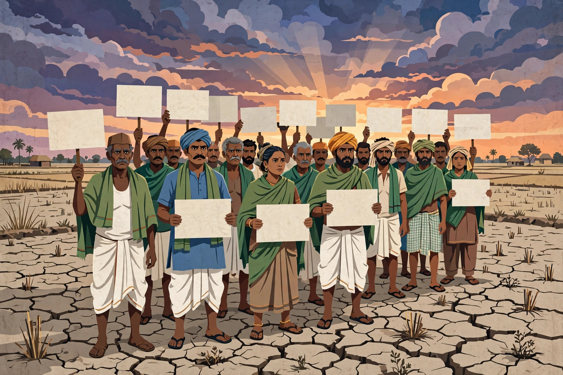 வறண்ட வயலில் பதாகைகளுடன் போராடும் விவசாயிகள் — விளக்கப்படம்