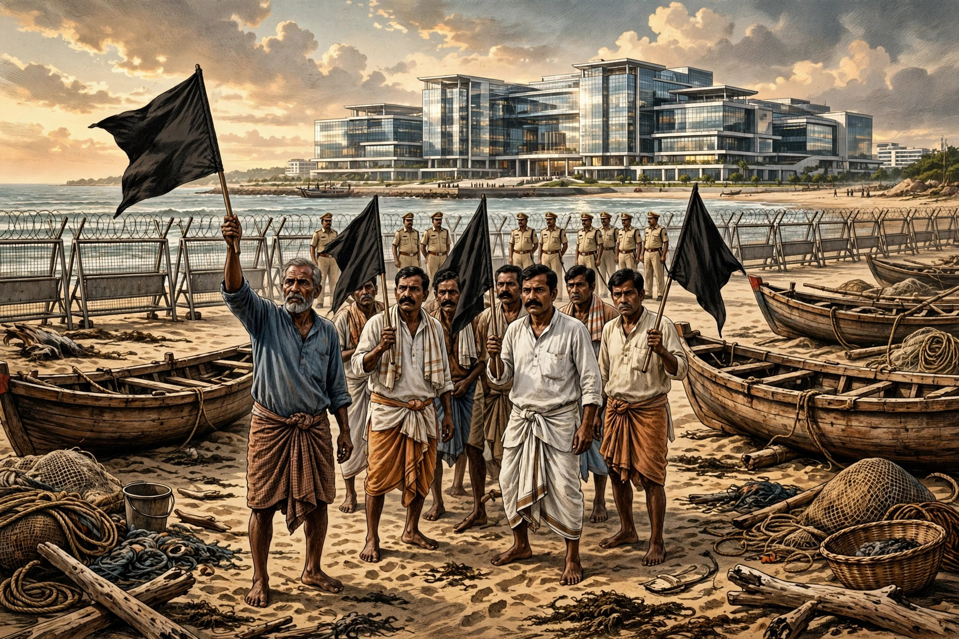 கருப்புக் கொடியுடன் போராடும் மீனவர்கள்; பின்னணியில் புதிய தலைமைச் செயலக வளாகம் — விளக்கப்படம்