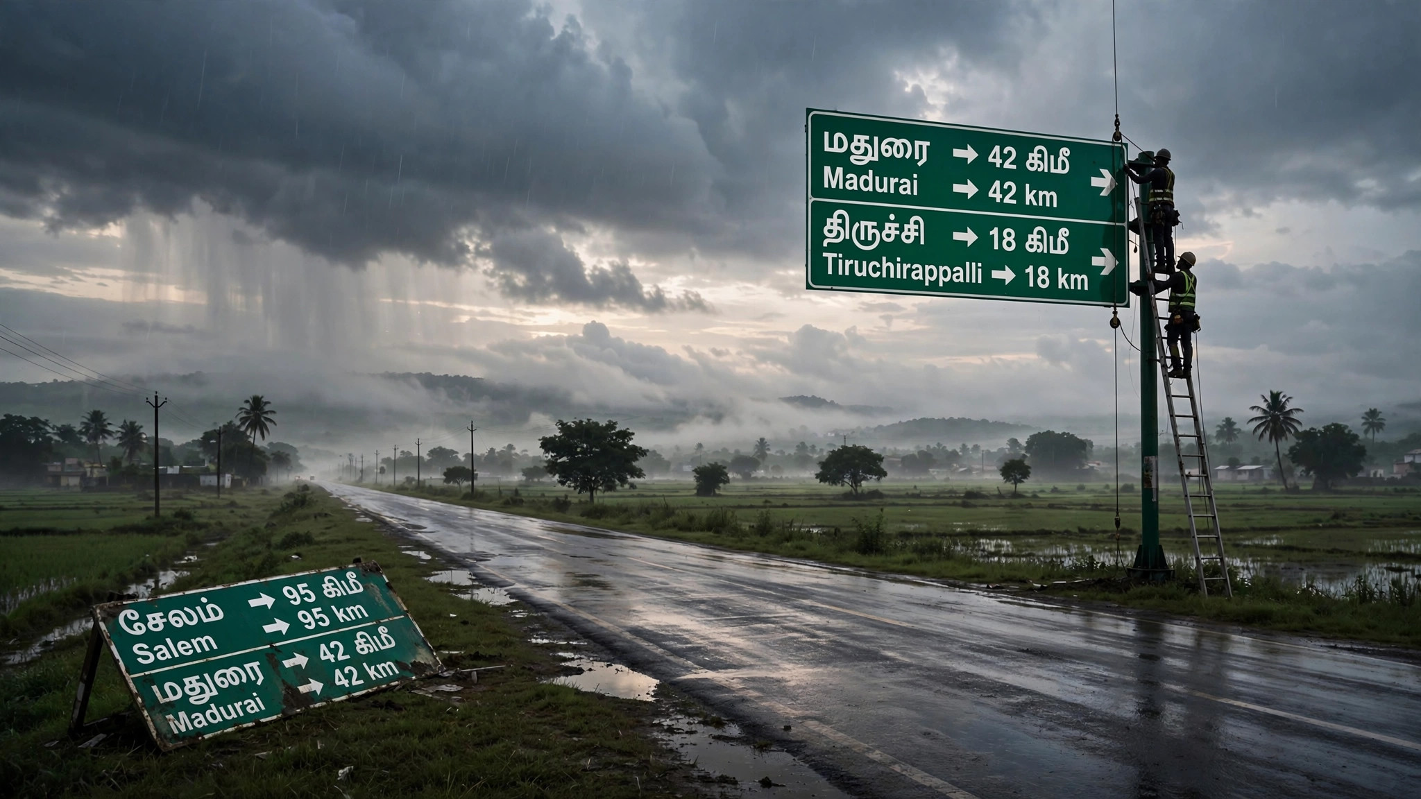 சாத்தான்குளம்–நாசரேத் நெடுஞ்சாலையில் இந்தி பலகைகள் அகற்றப்பட்டு புதிய தமிழ்-ஆங்கிலப் பலகை அமைக்கப்படும் காட்சியின் விளக்கப்படம்